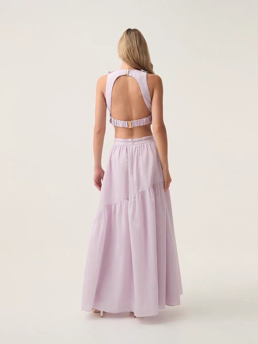 Maxi skirt with intricate flower detail top co-ord set, backless top with adjustable strap + flowy feminine skirt