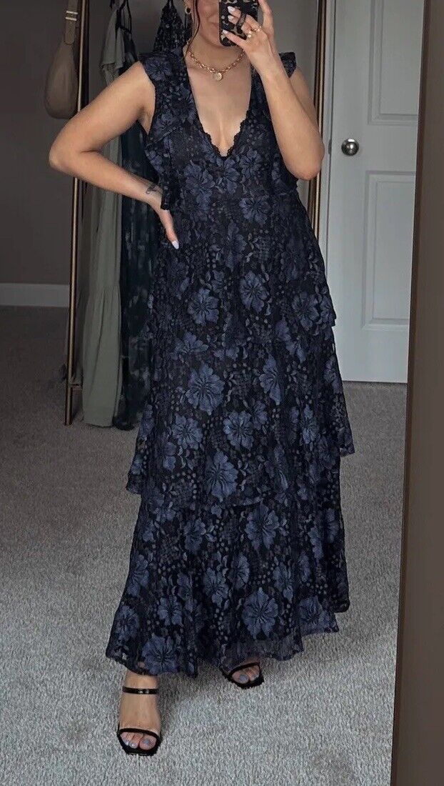 Navy blue and black floral tired maxi dress, v neck detail , ruffled shoulders