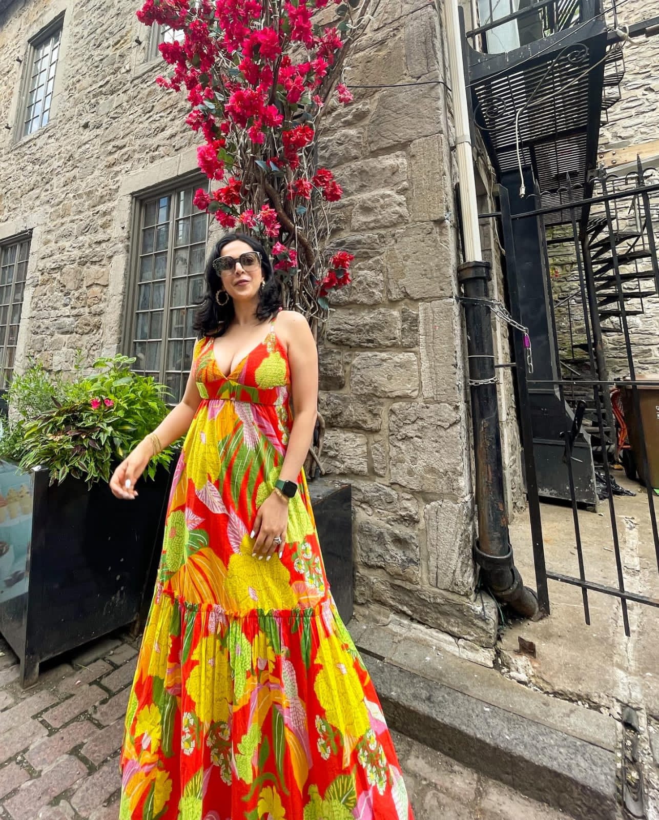 Tropical warm print floral dress with v neck, open back, tie up detail