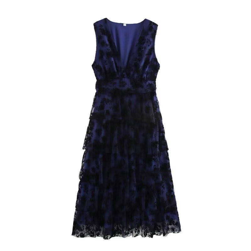 Navy blue and black floral tired maxi dress, v neck detail , ruffled shoulders