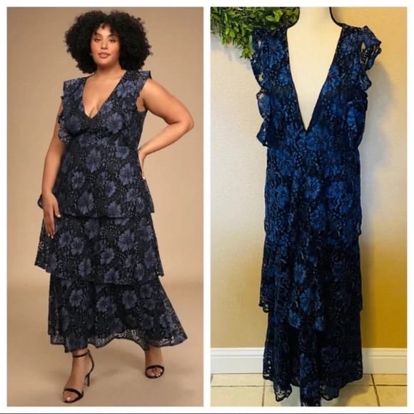 Navy blue and black floral tired maxi dress, v neck detail , ruffled shoulders