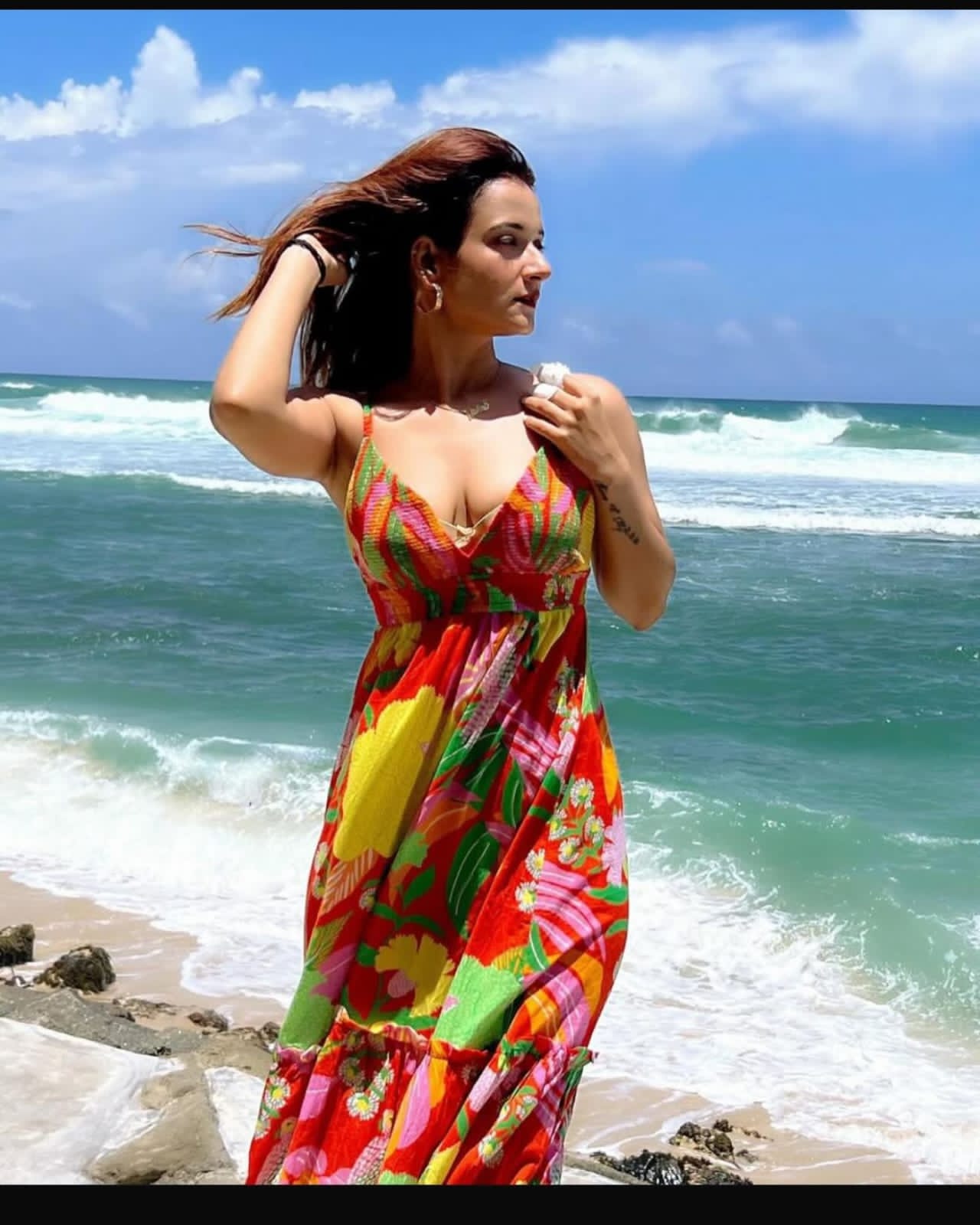 Tropical warm print floral dress with v neck, open back, tie up detail