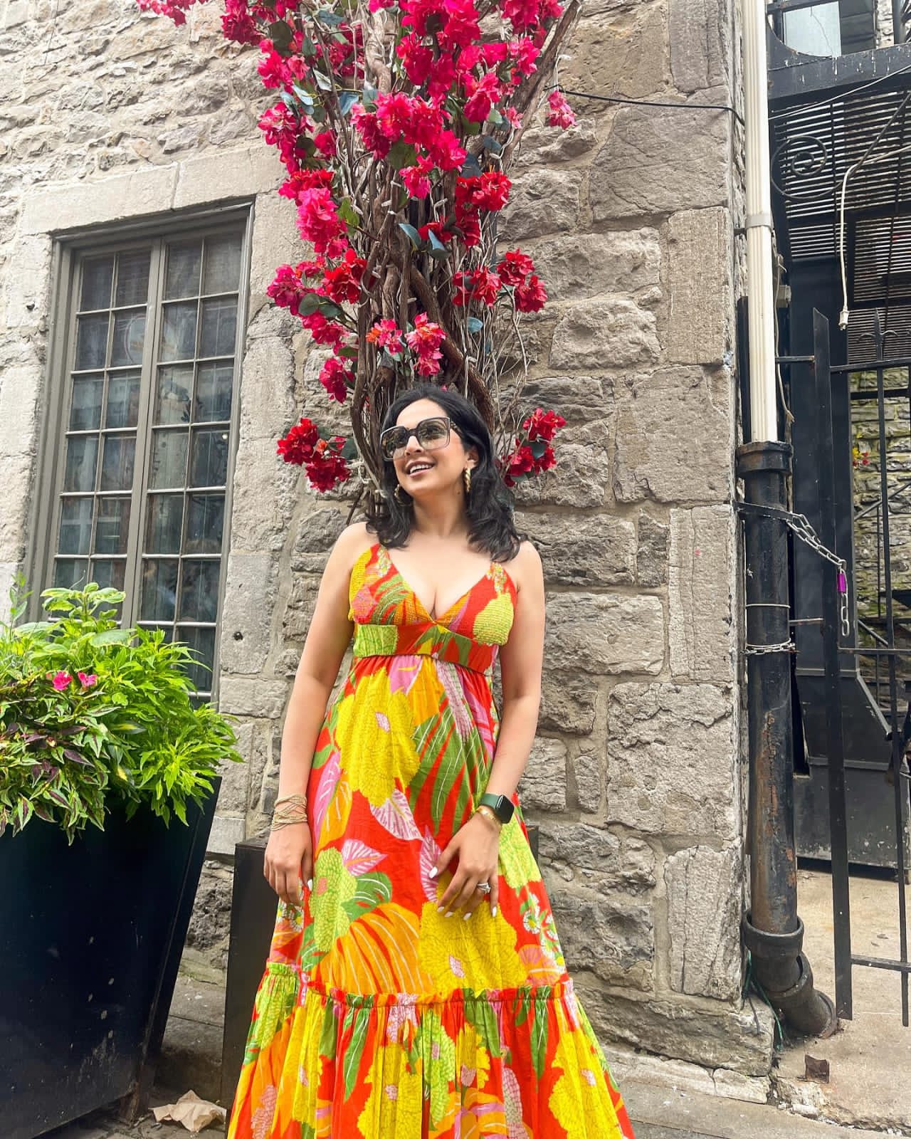 Tropical warm print floral dress with v neck, open back, tie up detail