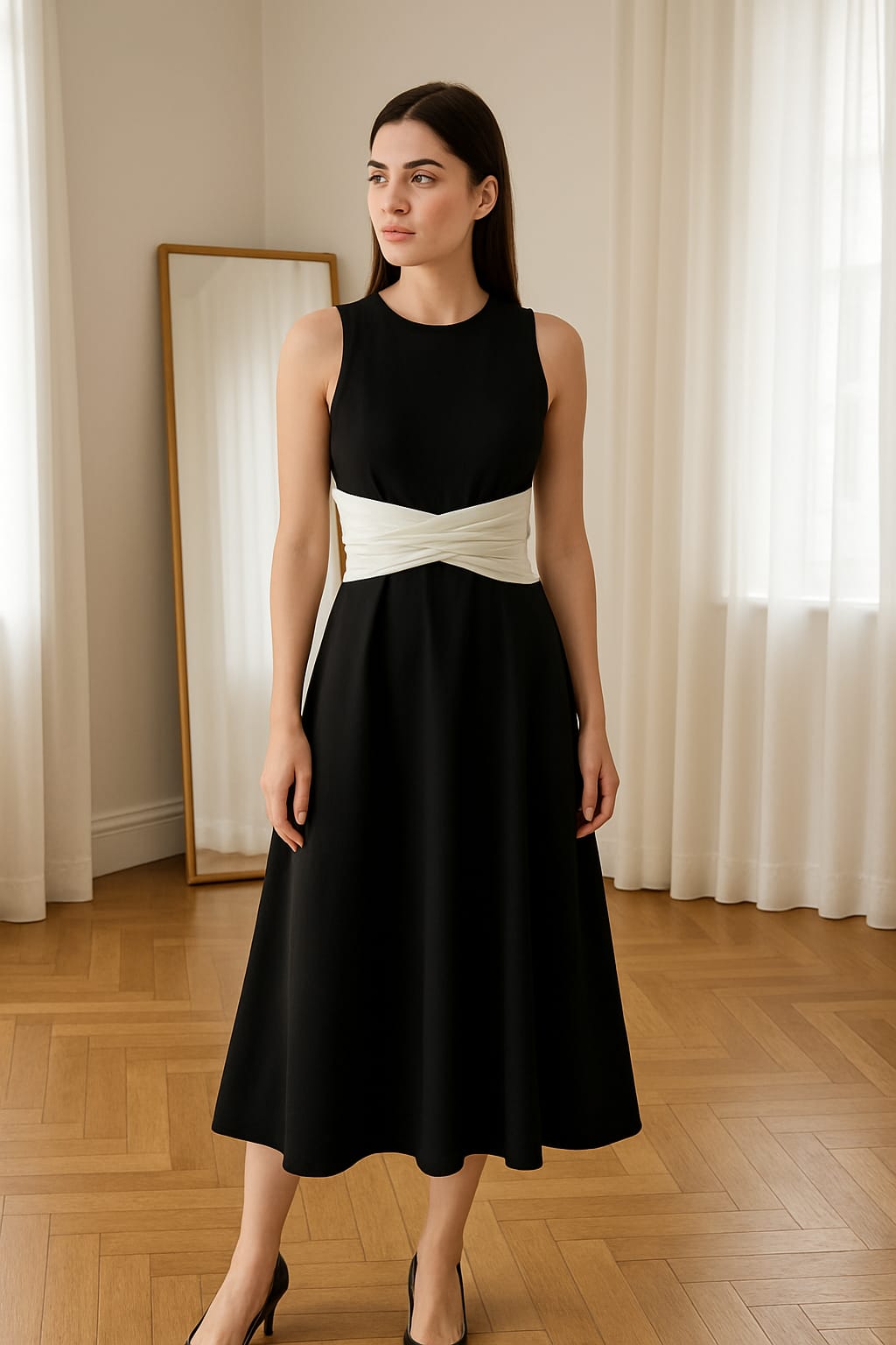 Modest old money midi dress with white tissue waist wrap detail