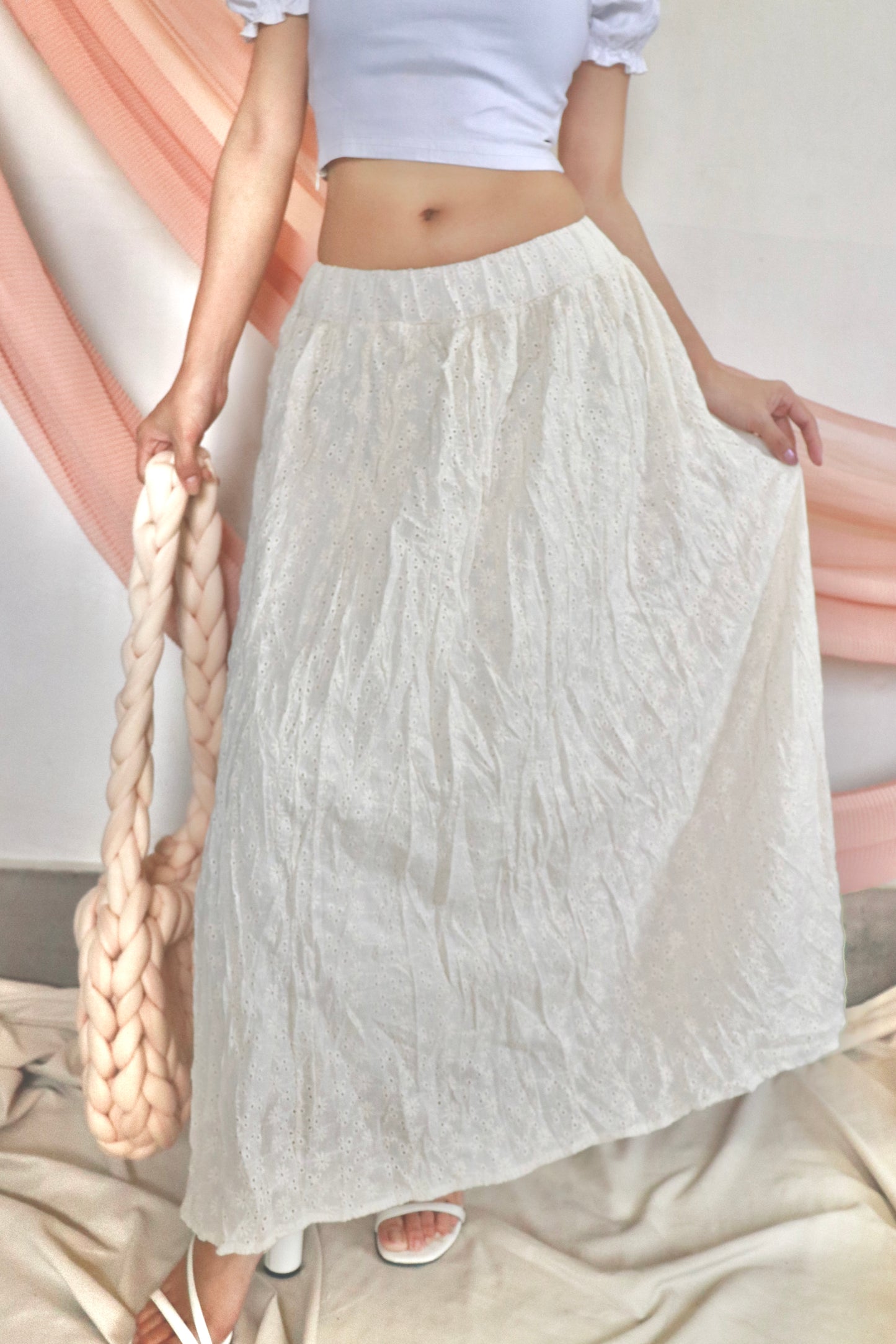 Lace print ivory maxi skirt