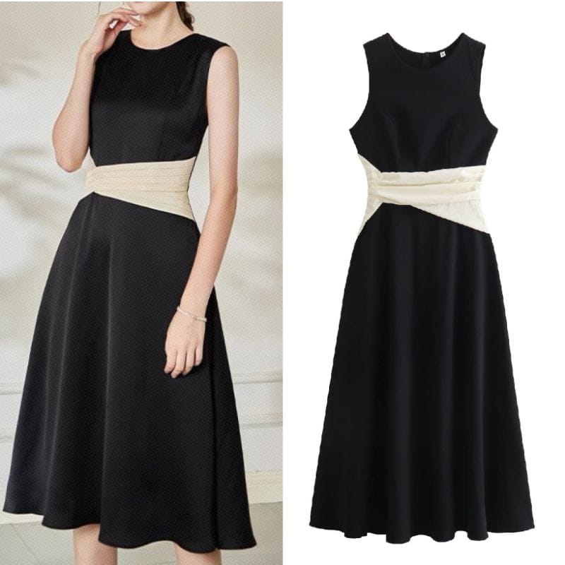 Modest old money midi dress with white tissue waist wrap detail