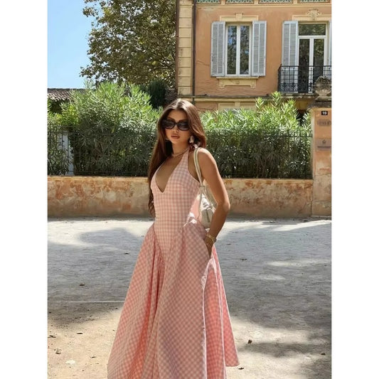 Pink gingham halter neck maxi dress
