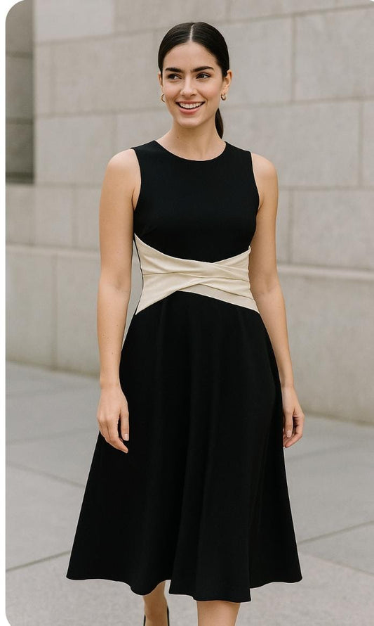 Modest old money midi dress with white tissue waist wrap detail