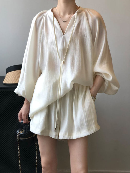 Old money summer collection co-ord set with long sleeve top and half pants