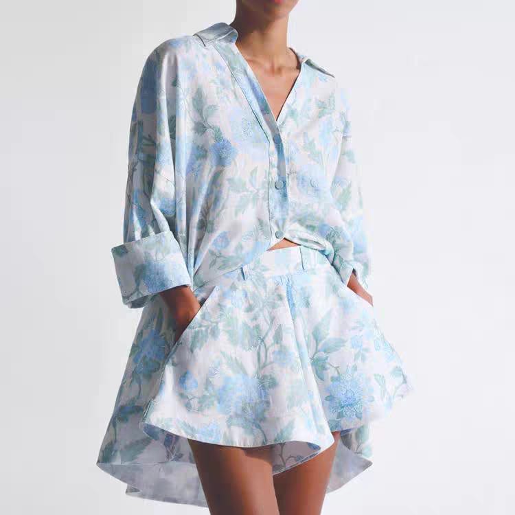 Soft floral print co-order set | flared shorts with shirt | two piece