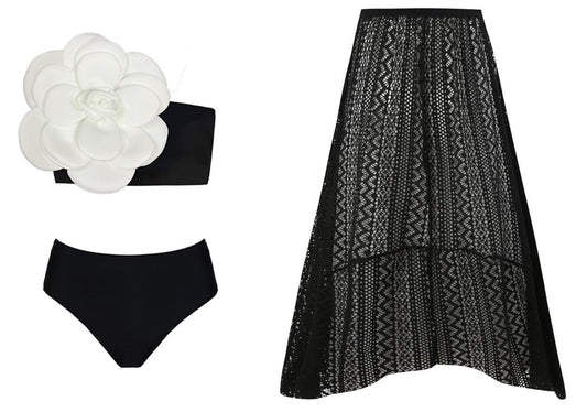 Black and white swimwear set of 3 with floral detail (free size)