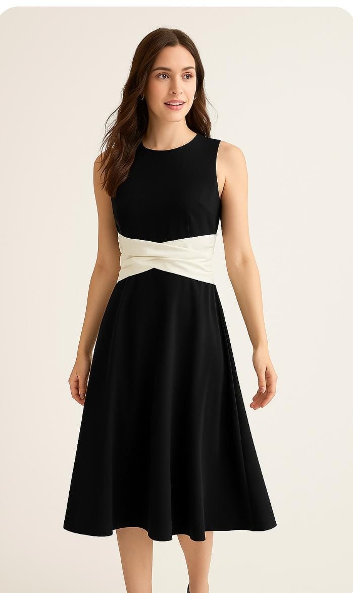 Modest old money midi dress with white tissue waist wrap detail