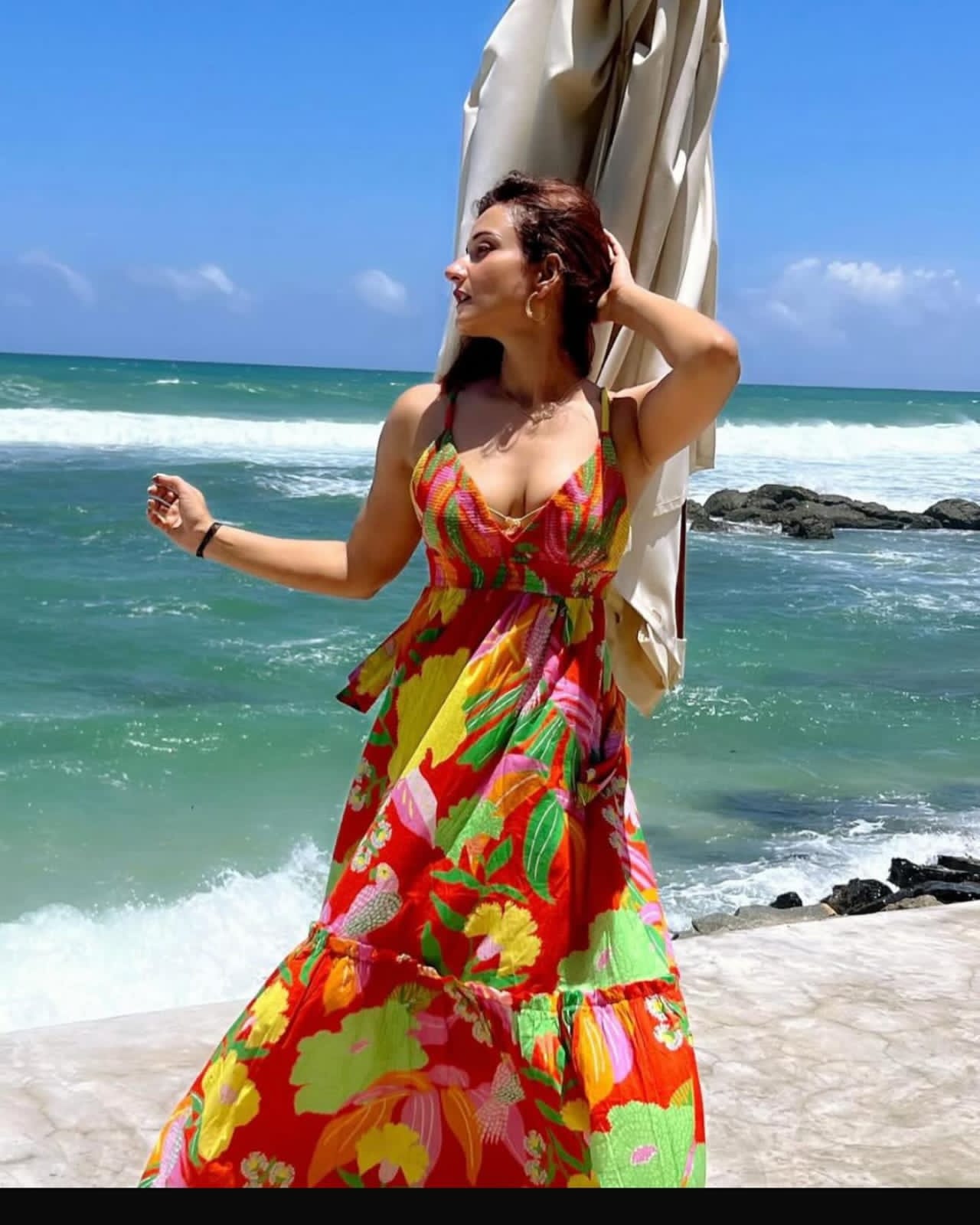 Tropical warm print floral dress with v neck, open back, tie up detail