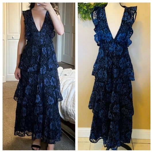 Navy blue and black floral tired maxi dress, v neck detail , ruffled shoulders
