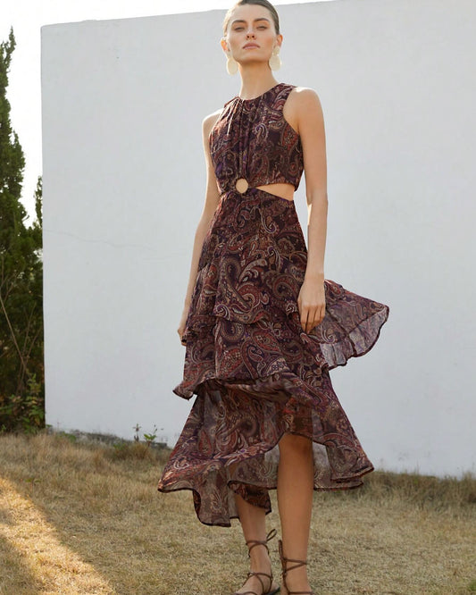Bohemian paisley dress with cutout waist