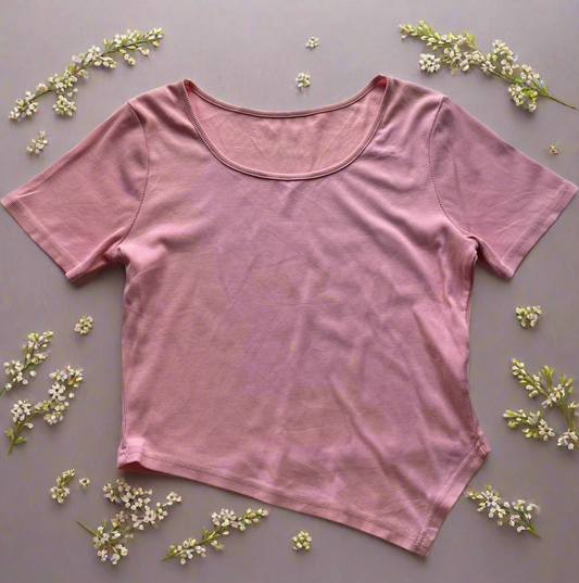 Asymmetric pink top ribbed pink t-shirt half sleeves wide neck top u neck top