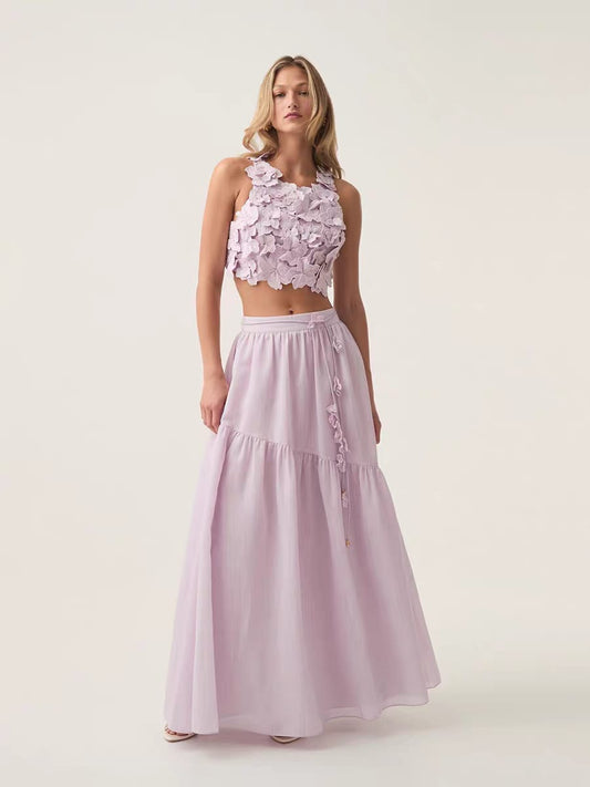 Maxi skirt with intricate flower detail top co-ord set, backless top  with adjustable strap + flowy feminine skirt
