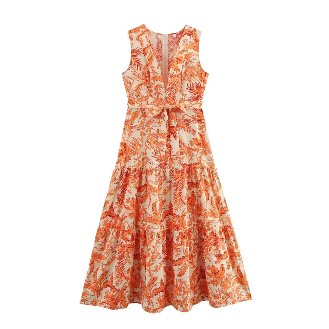 Orange tired  sleeveless dress , v neck midi dress