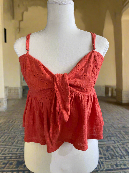Earthy orange crop top bow tie cotton top summer sleeveless strap top | zero defect | size small - size Xs - size m | Adjustable
