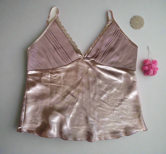 Lace trim  satin top with bow | size M | Light purple lace top | lounge cami slip top, nightie top