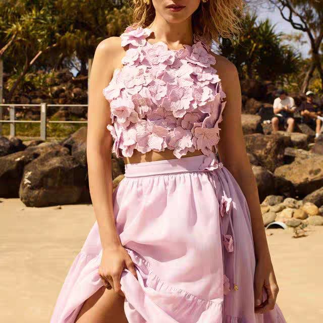 Maxi skirt with intricate flower detail top co-ord set, backless top  with adjustable strap + flowy feminine skirt