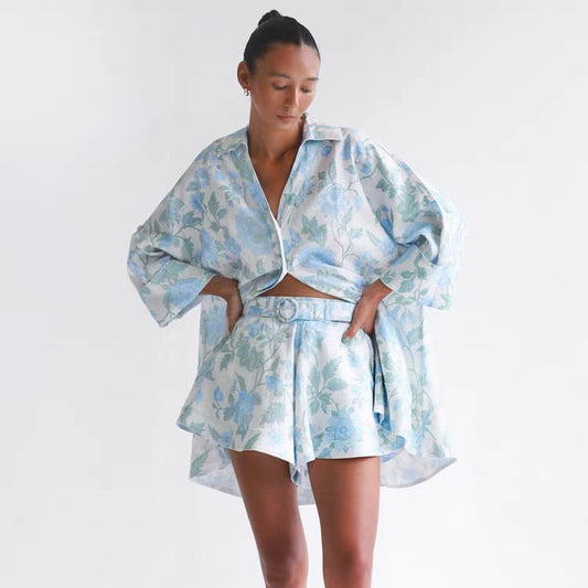 Soft floral print co-order set | flared shorts with shirt | two piece