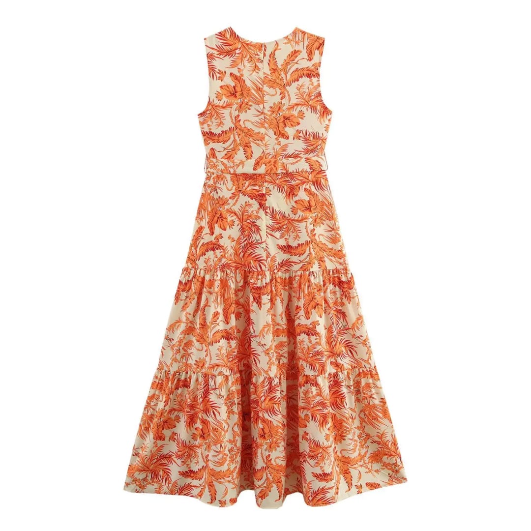 Orange tired  sleeveless dress , v neck midi dress