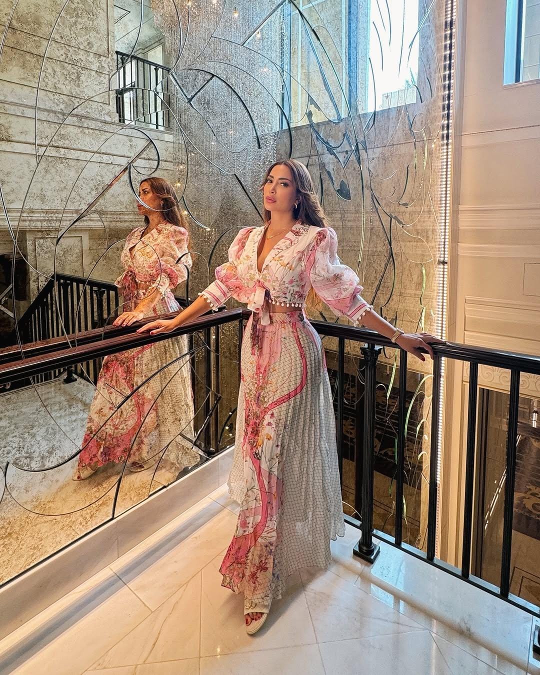 Luxe pink print top and skirt set