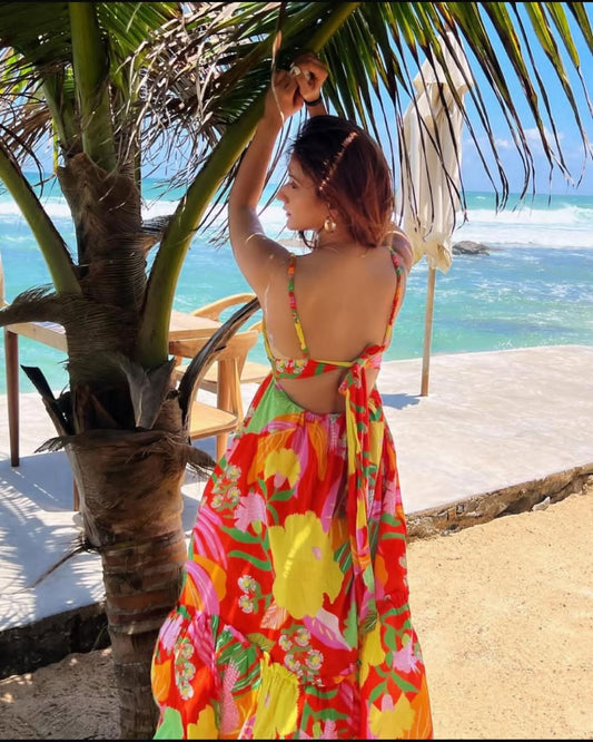 Tropical warm print floral dress with v neck, open back, tie up detail