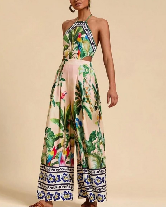 Tropical print backless halter neck jumpsuit