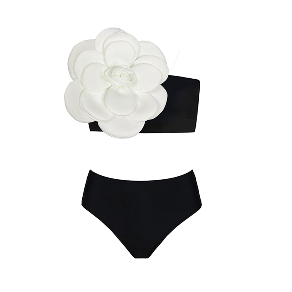 Black and white swimwear set of 3 with floral detail (free size)