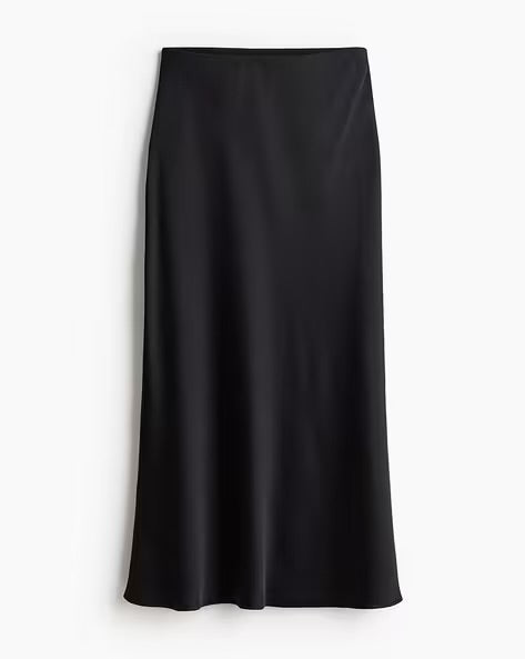 Black satin midi skirt with slit